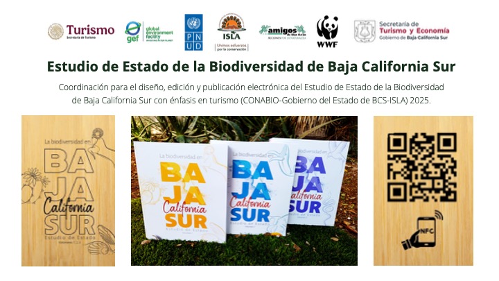Portadas de los tres volúmenes de La biodiversidad en Baja California Sur. Estudio de Estado, con los logotipos de las instituciones participantes y el código QR de descarga